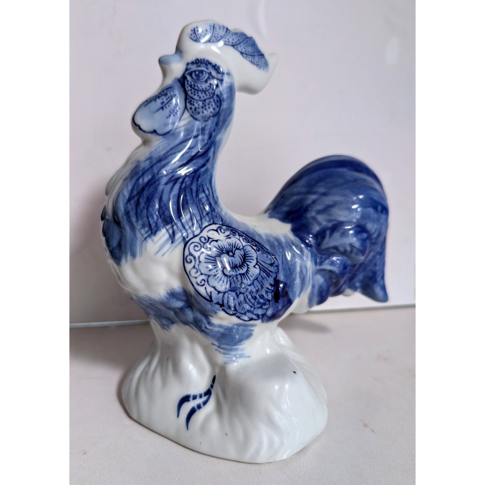 Vintage Gzhel Blue White Porcelain Rooster Figurine  Farmhouse Folk Art Decor